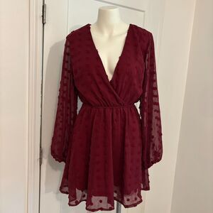 Burgundy Red Size Small Holiday Faux Wrap Long Sleeve Polka Dot Sheer Mini Dress